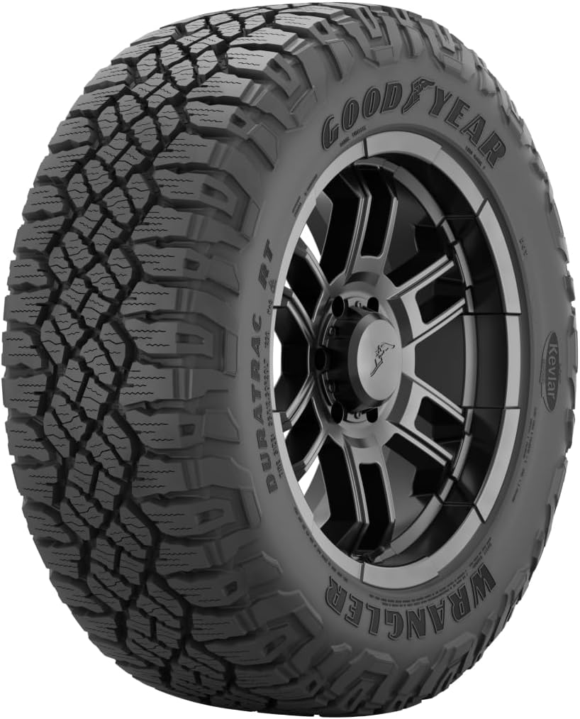 Goodyear Wrangler DuraTrac RT rugged-terrain tire on a machined alloy wheel, an all-terrain fitment for the Toyota Tacoma